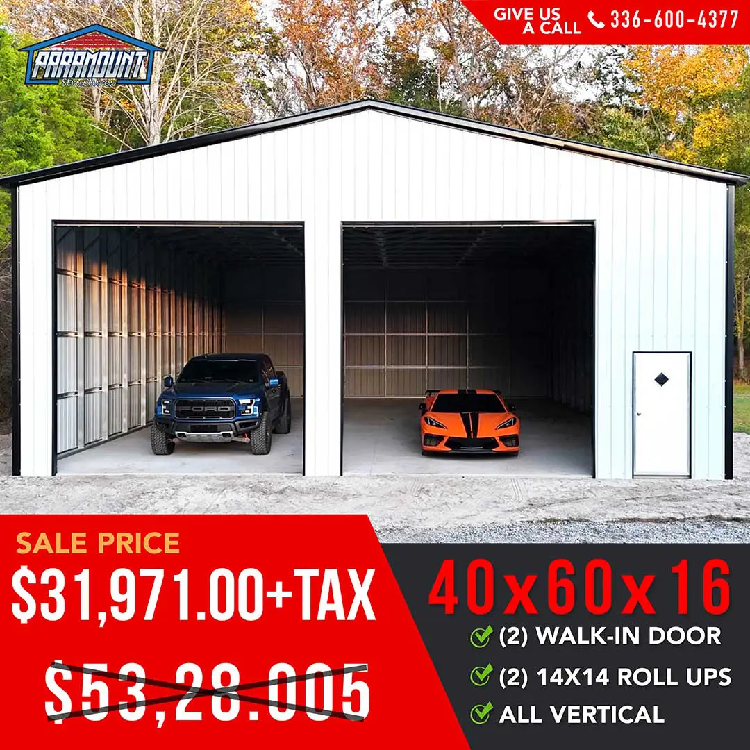 White garage with two cars and doors.