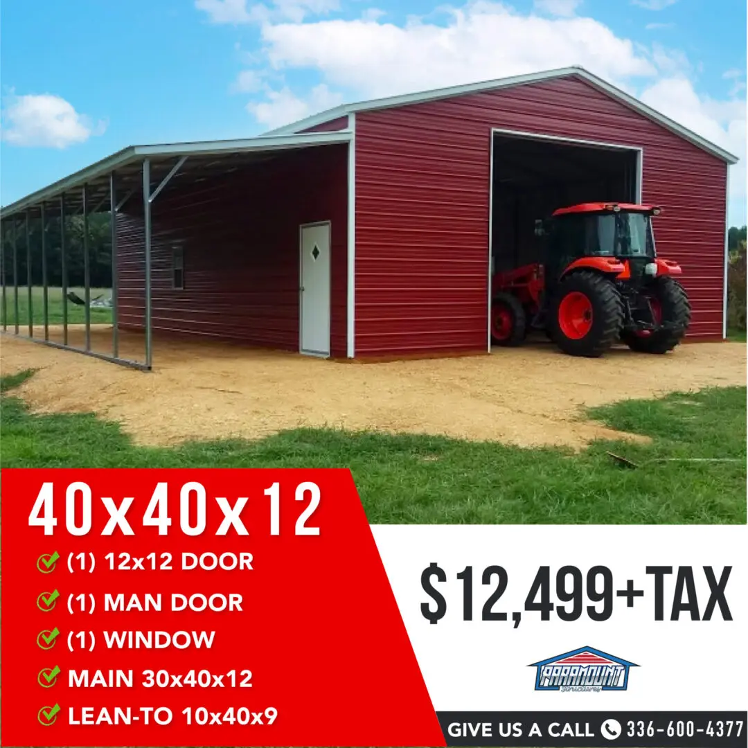 Red metal building with a tractor inside.